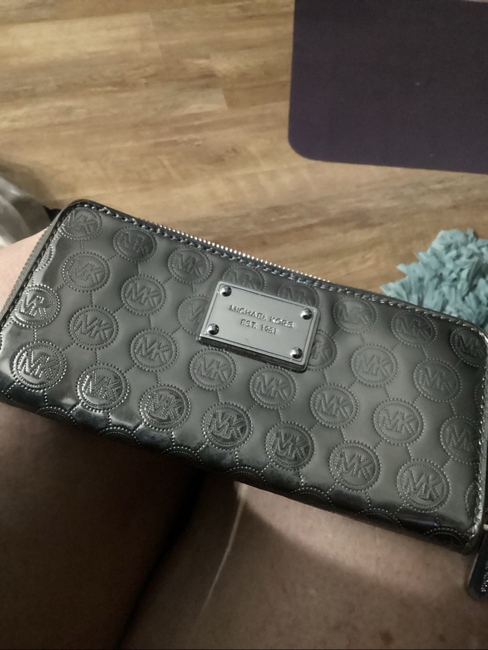 Michael Kors Metallic Silver Embossed Logo Zip Wallet
